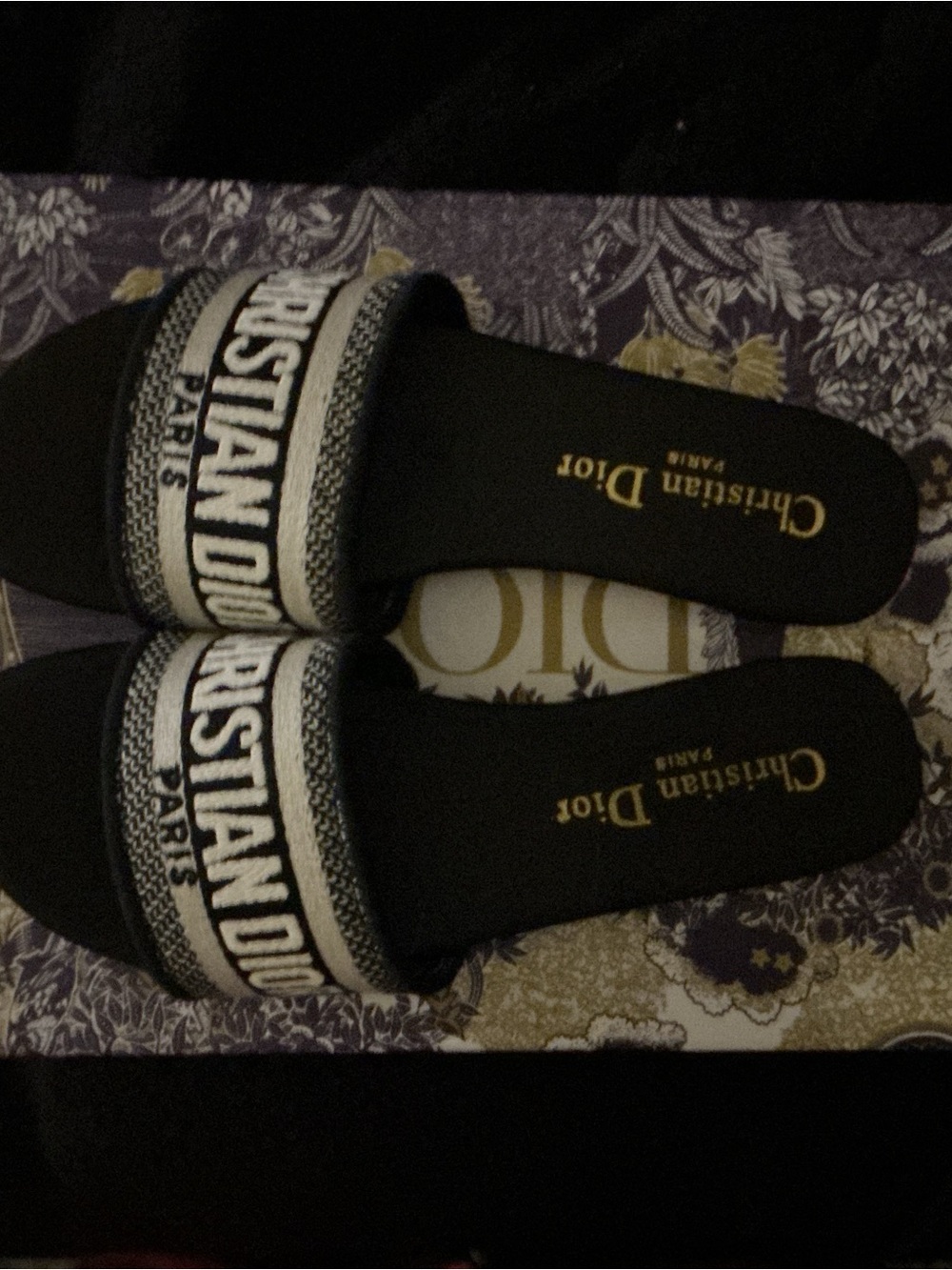 Dior Black and White Slide Sandals with Logo Band